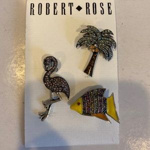 ROBERT ROSE Brooch Pin Yellow Flamingo Palm Fish